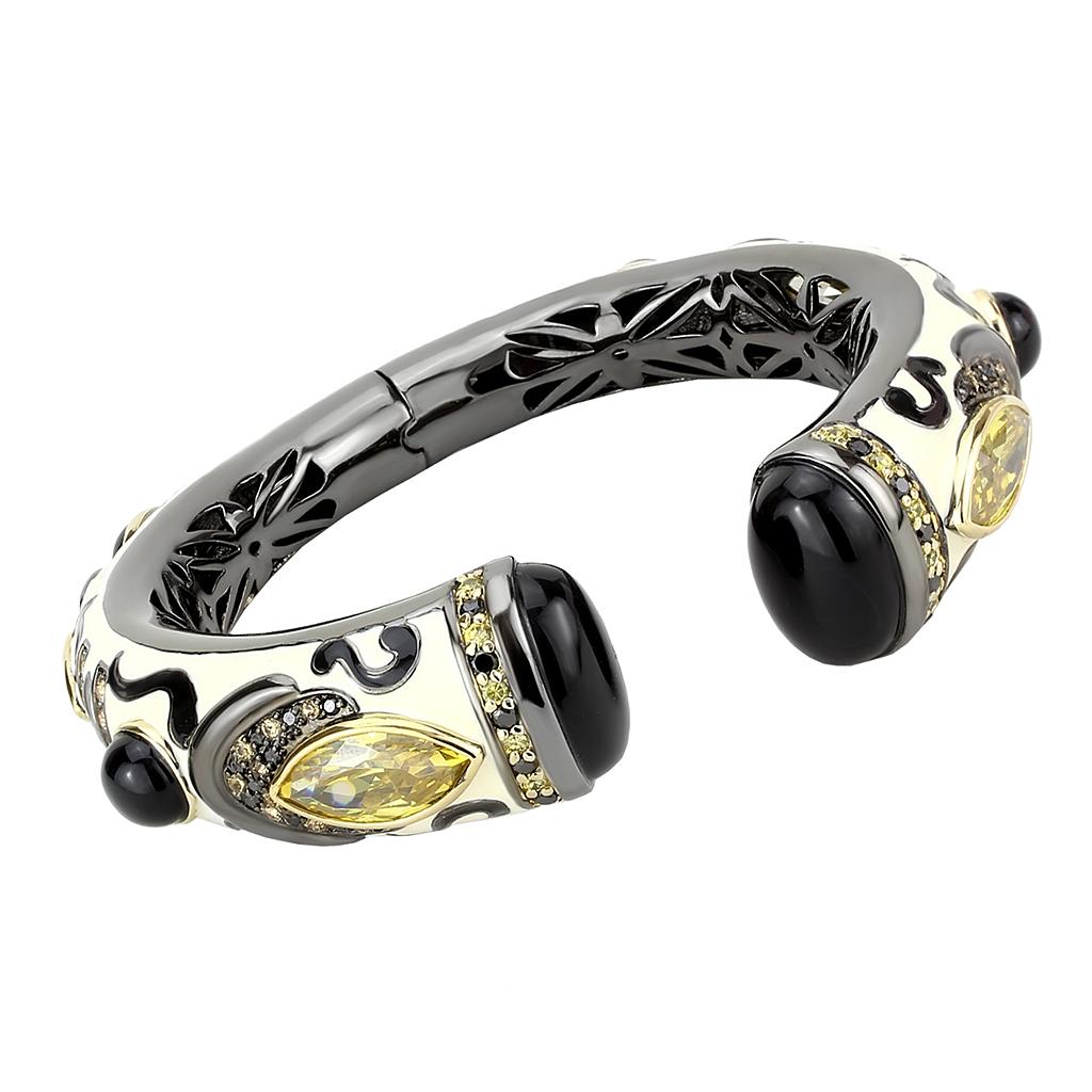 JCE4299 Gold+Hematite Brass Bangle with Synthetic Onyx in Jet