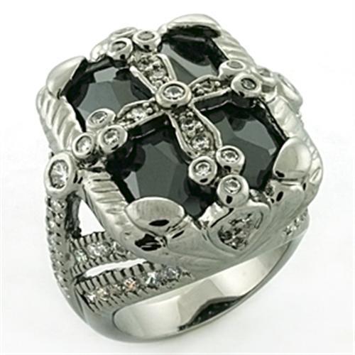JCEA708 Rhodium + Ruthenium Brass Ring with AAA Grade CZ  in Jet