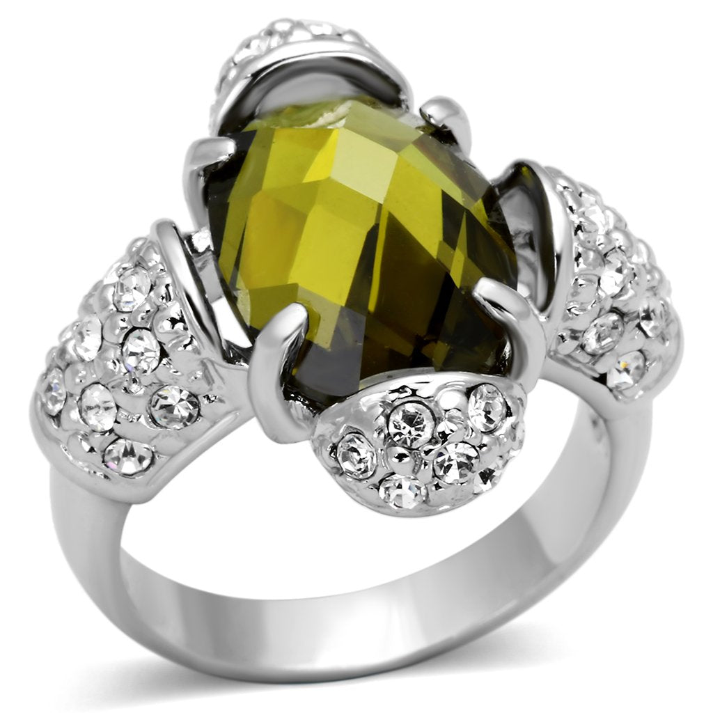JCEA842 Rhodium Brass Ring with AAA Grade CZ  in Olivine color