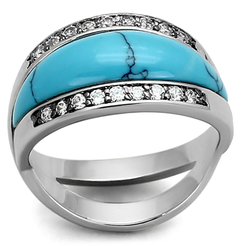 JCEA882 Rhodium Brass Ring with Synthetic Turquoise in Sea Blue