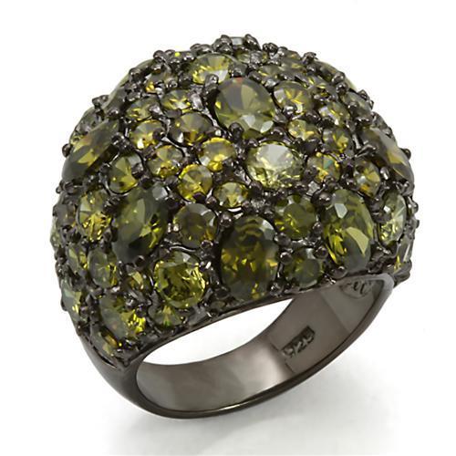 JCES291 Ruthenium 925 Sterling Silver Ring with AAA Grade CZ  in Olivine color