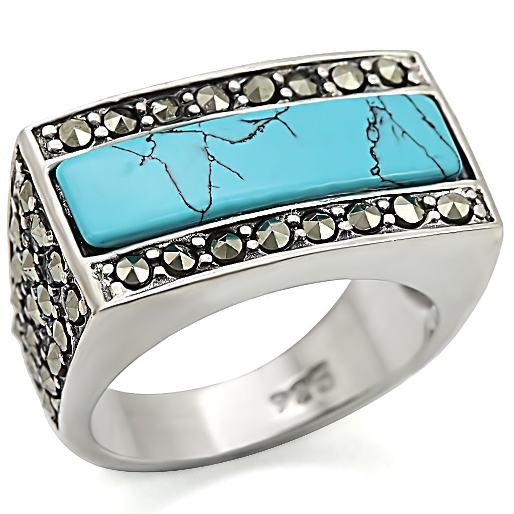 JCES461 Antique Tone 925 Sterling Silver Ring with Synthetic Turquoise in Sea Blue
