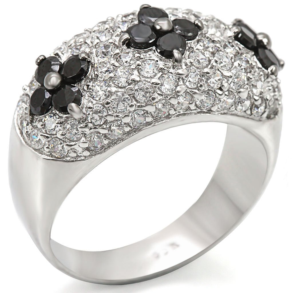 JCES468 Rhodium + Ruthenium 925 Sterling Silver Ring with AAA Grade CZ  in Black Diamond