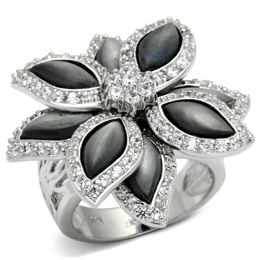 JCES555 Rhodium 925 Sterling Silver Ring with Precious Stone Conch in Jet