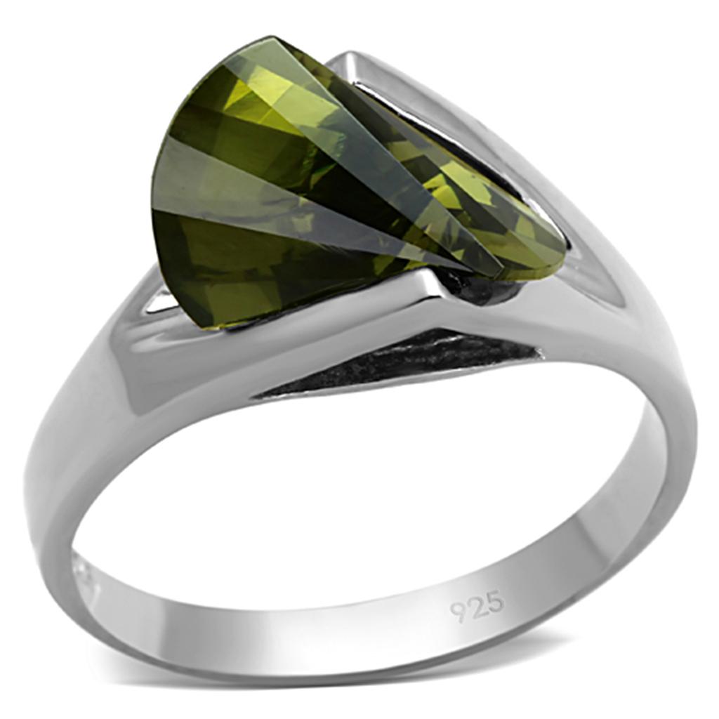 JCES654 Rhodium 925 Sterling Silver Ring with AAA Grade CZ  in Olivine color