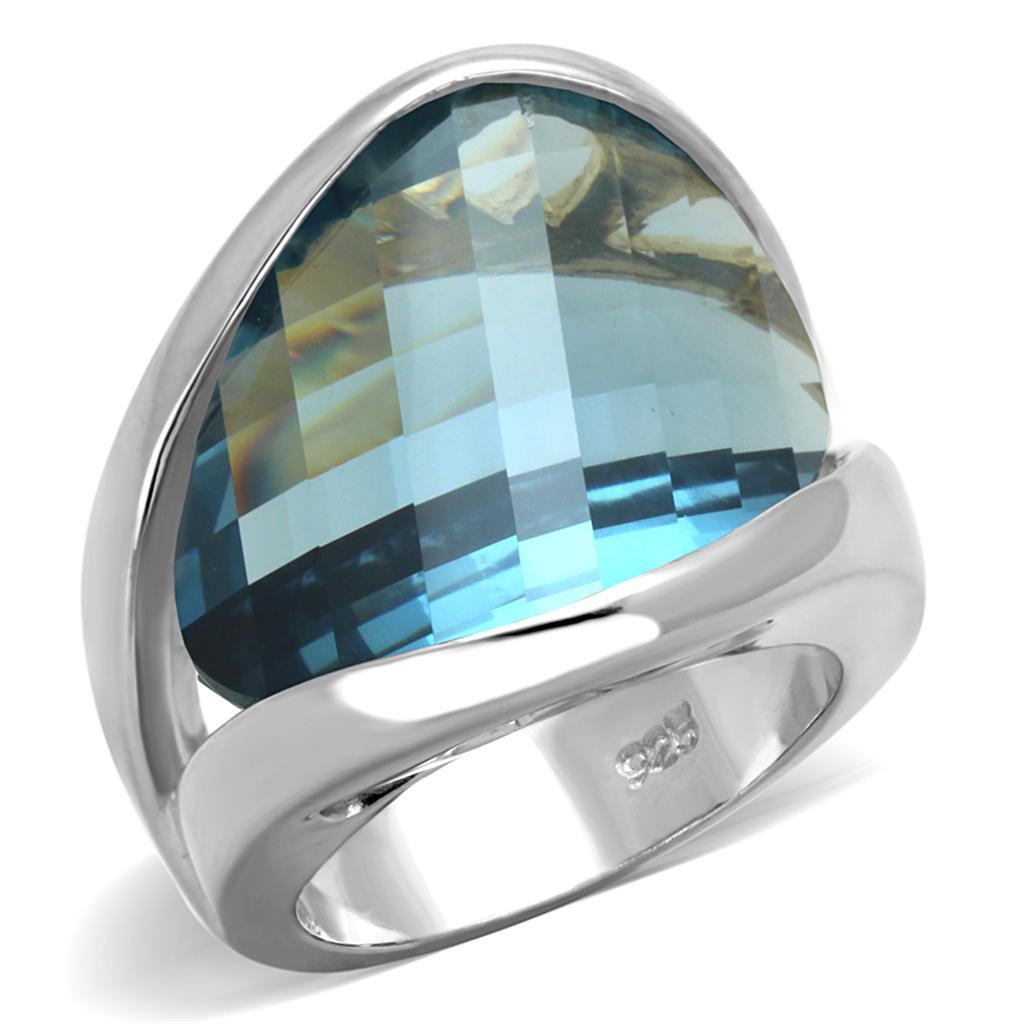 JCES831 Rhodium 925 Sterling Silver Ring with Synthetic Synthetic Glass in Sea Blue