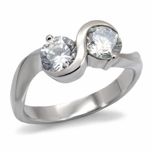 JCE072 High polished (no plating) Stainless Steel Ring with AAA Grade CZ  in Clear