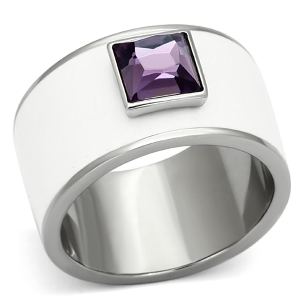 JCE1142 High polished (no plating) Stainless Steel Ring with Synthetic Synthetic Glass in Amethyst