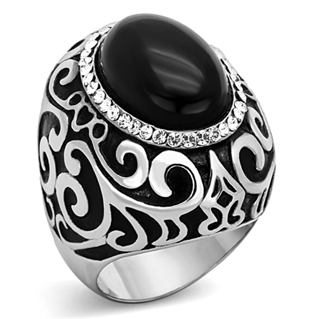 JCE1211 High polished (no plating) Stainless Steel Ring with Synthetic Cat Eye in Jet