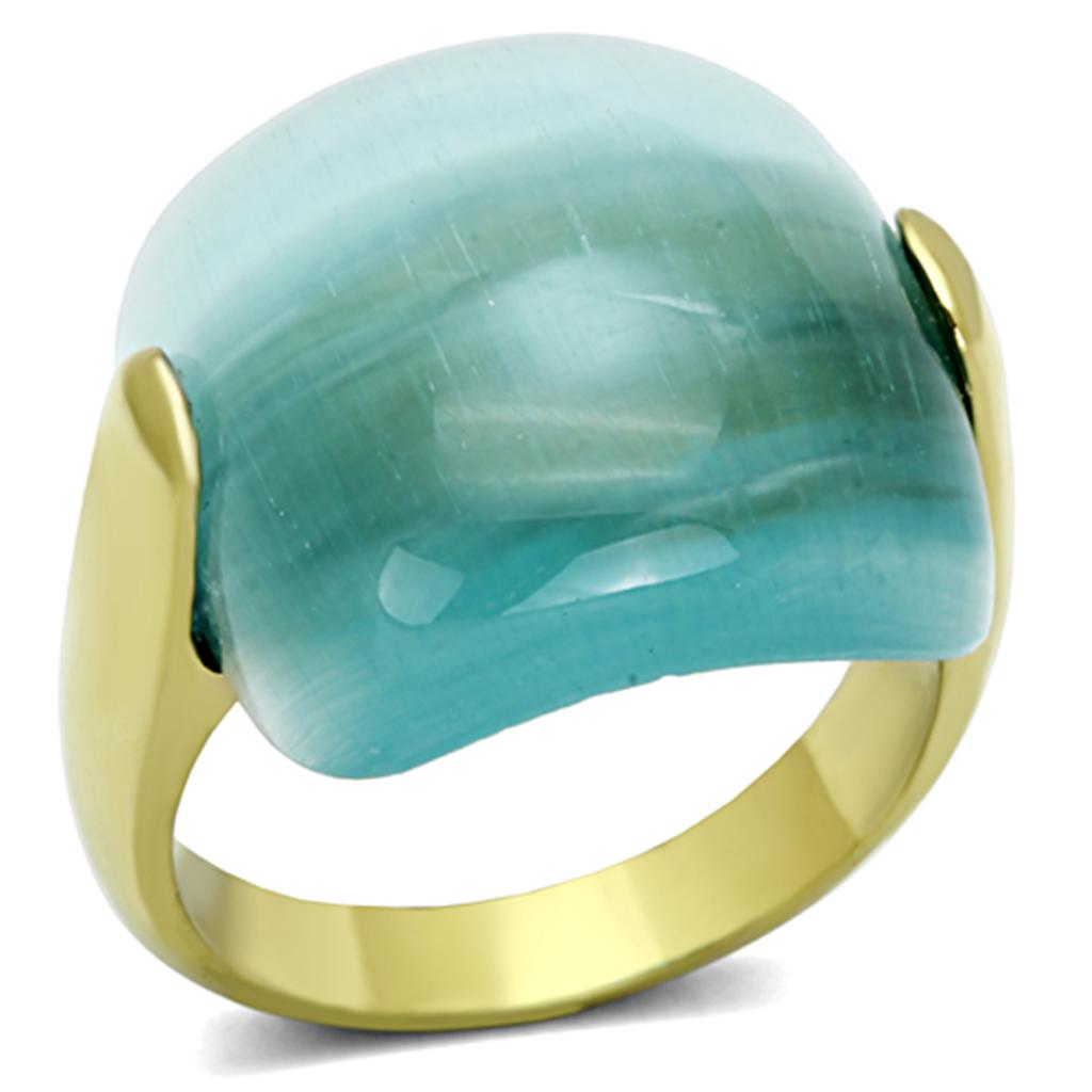 JCE1237 IP Gold(Ion Plating) Stainless Steel Ring with Synthetic Cat Eye in Sea Blue