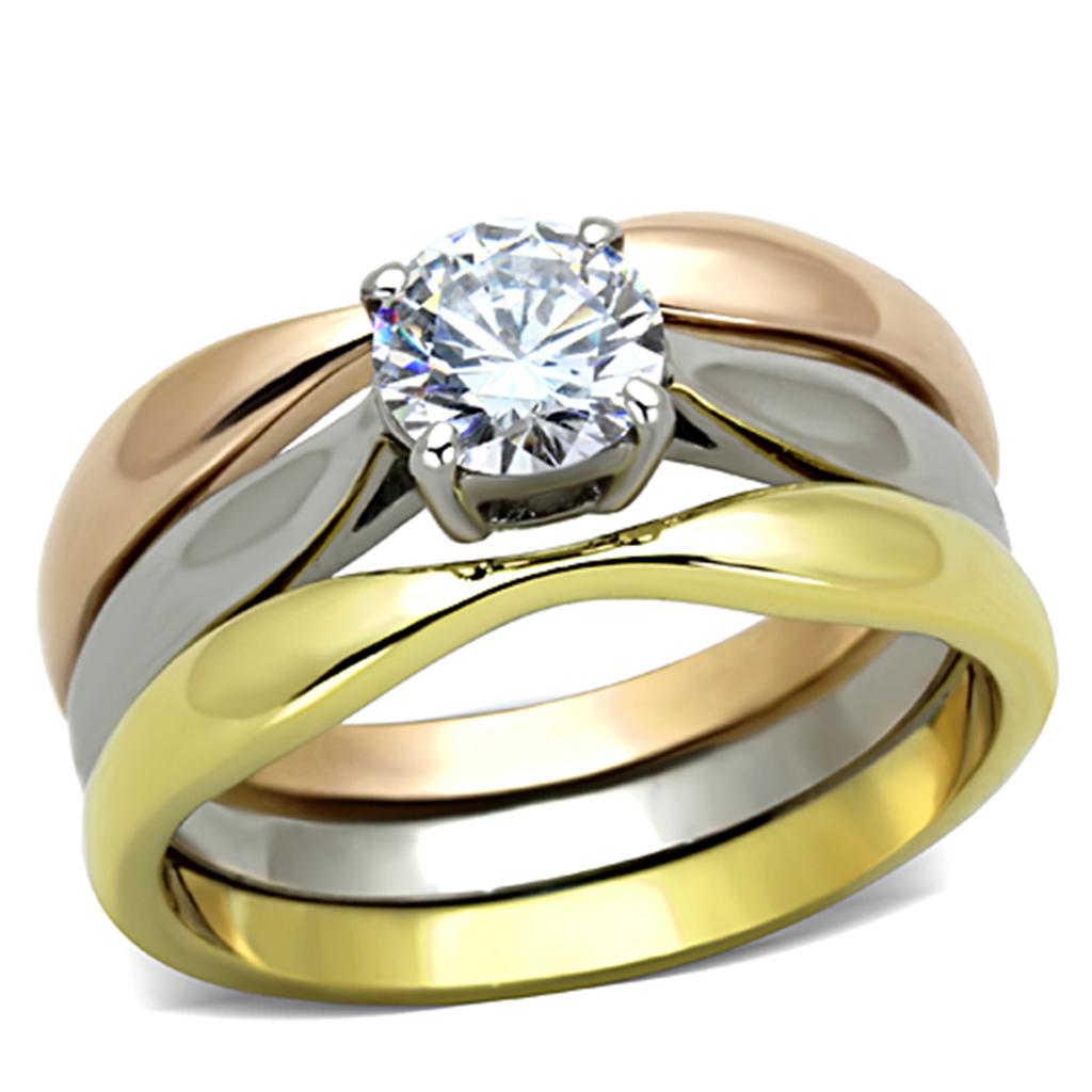 JCE1278 Three Tone IP+»-+-åIP Gold & IP Rose Gold & High Polished) Stainless Steel Ring with AAA Grade CZ  in Clear