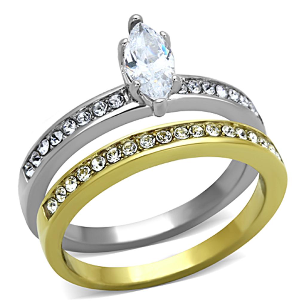 JCE1282 Two-Tone IP Gold (Ion Plating) Stainless Steel Ring with AAA Grade CZ  in Clear