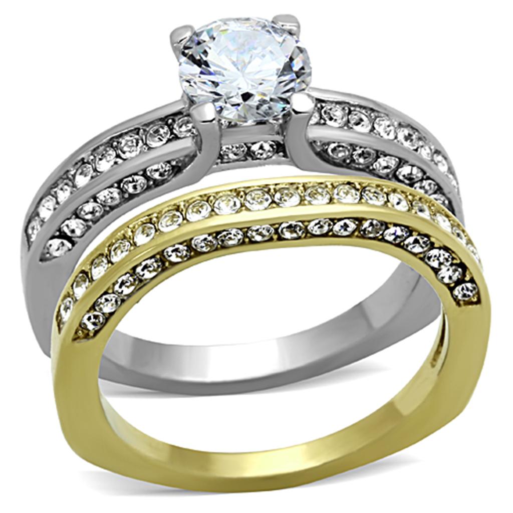 JCE1284 Two-Tone IP Gold (Ion Plating) Stainless Steel Ring with AAA Grade CZ  in Clear
