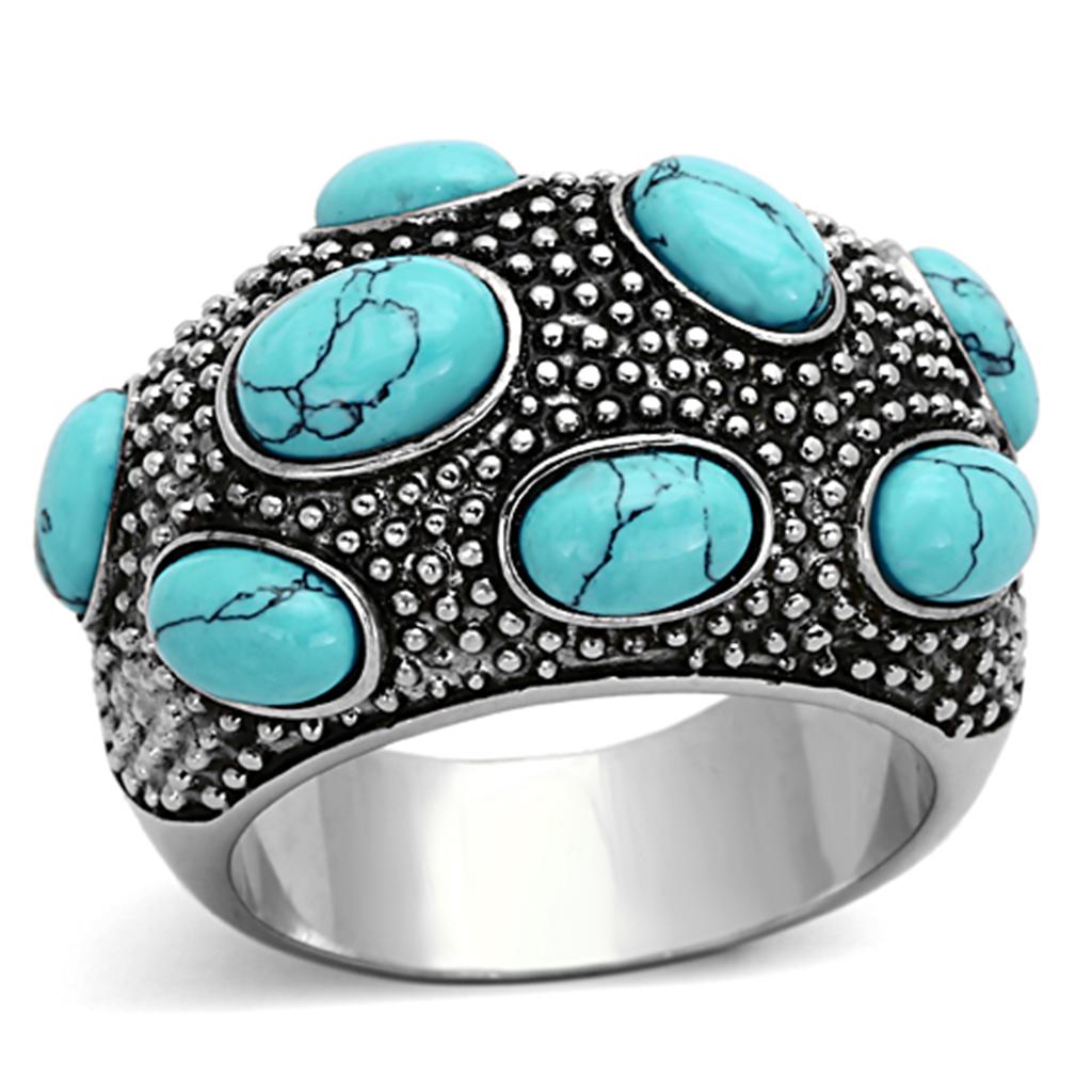 JCE1308 High polished (no plating) Stainless Steel Ring with Synthetic Turquoise in Sea Blue