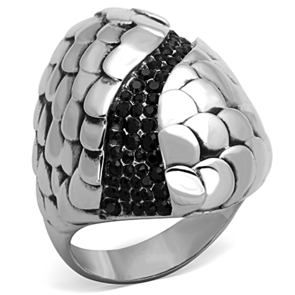 JCE1327 High polished (no plating) Stainless Steel Ring with Top Grade Crystal  in Jet