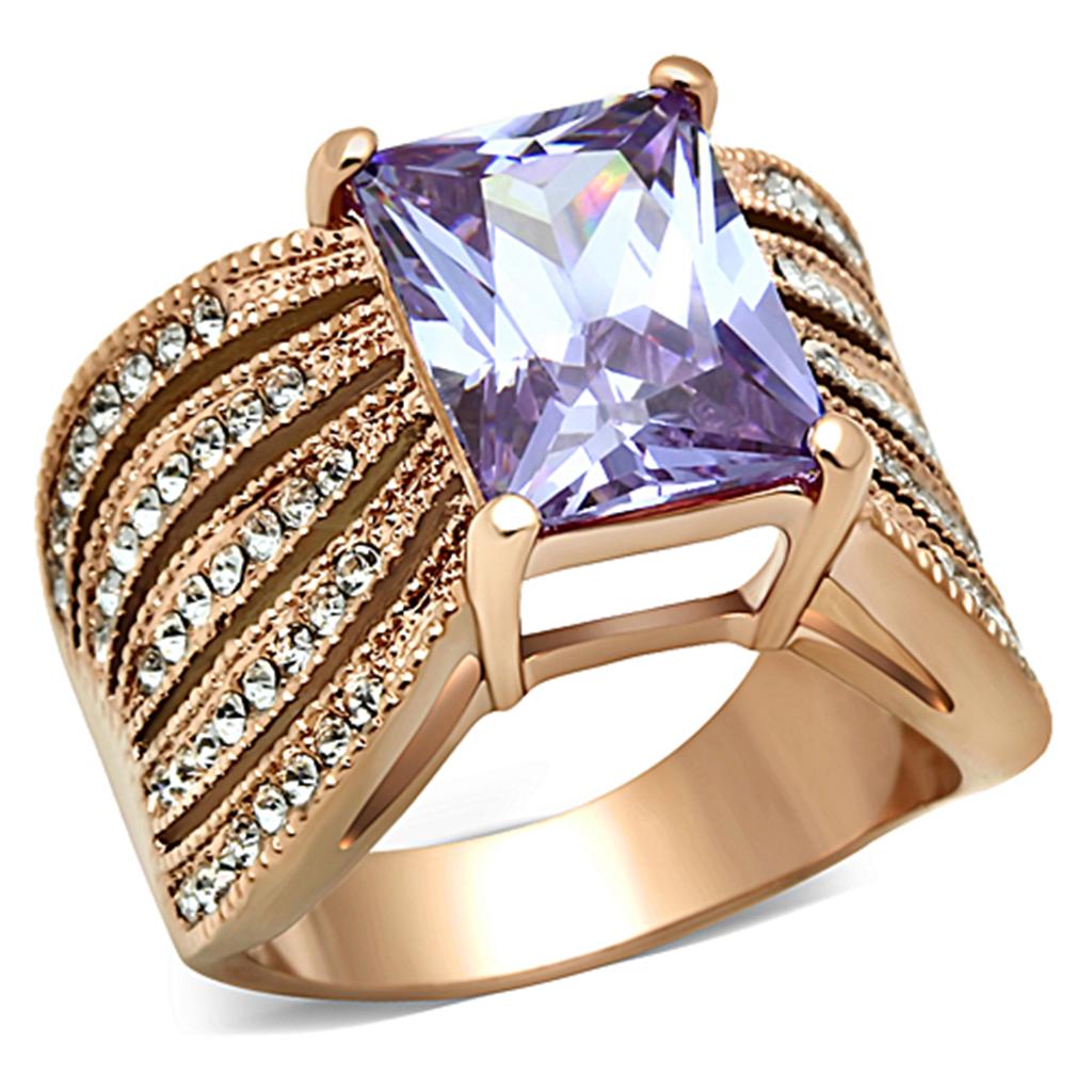JCE1490 IP Rose Gold(Ion Plating) Stainless Steel Ring with AAA Grade CZ  in Light Amethyst
