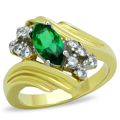 JCE1566 Two-Tone IP Gold (Ion Plating) Stainless Steel Ring with Synthetic Synthetic Glass in Emerald