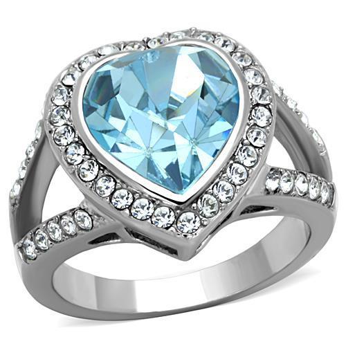 JCE1582 High polished (no plating) Stainless Steel Ring with Top Grade Crystal  in Sea Blue