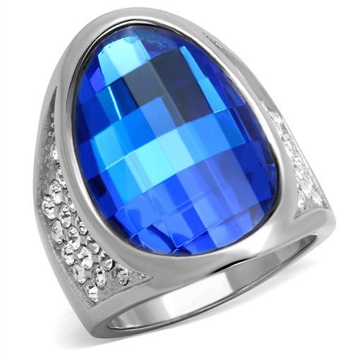 JCE1778 High polished (no plating) Stainless Steel Ring with Synthetic Synthetic Glass in Capri Blue