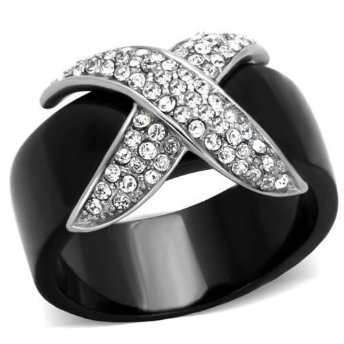 JCE1839 Two-Tone IP Black (Ion Plating) Stainless Steel Ring with Top Grade Crystal  in Clear