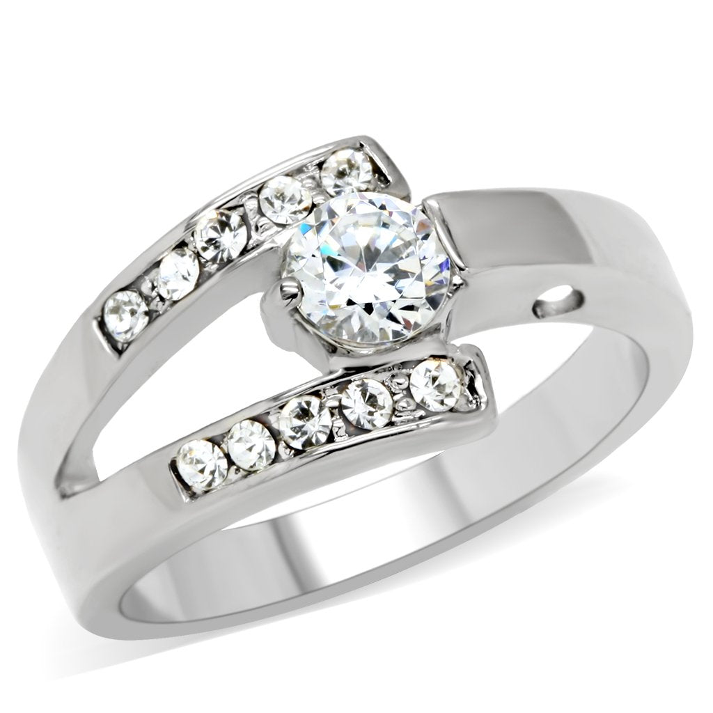 JCE189 High polished (no plating) Stainless Steel Ring with AAA Grade CZ  in Clear