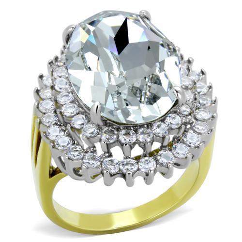 JCE1894 Two-Tone IP Gold (Ion Plating) Stainless Steel Ring with Top Grade Crystal  in Clear