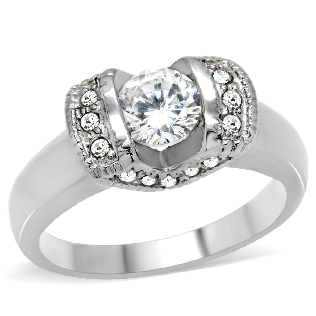 JCE194 High polished (no plating) Stainless Steel Ring with AAA Grade CZ  in Clear