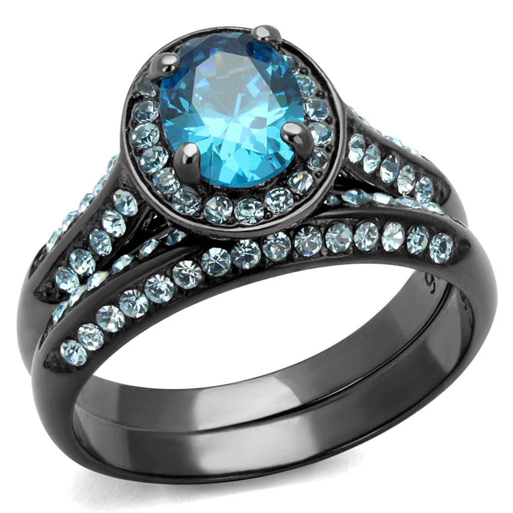 JCE1W163LJ IP Light Black  (IP Gun) Stainless Steel Ring with AAA Grade CZ  in Sea Blue