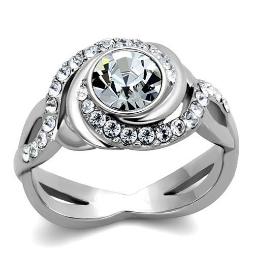 JCE2111 High polished (no plating) Stainless Steel Ring with Top Grade Crystal  in Clear