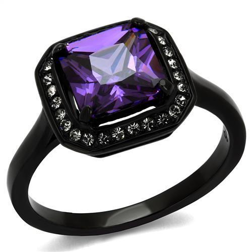 JCE2487 IP Black(Ion Plating) Stainless Steel Ring with AAA Grade CZ  in Amethyst