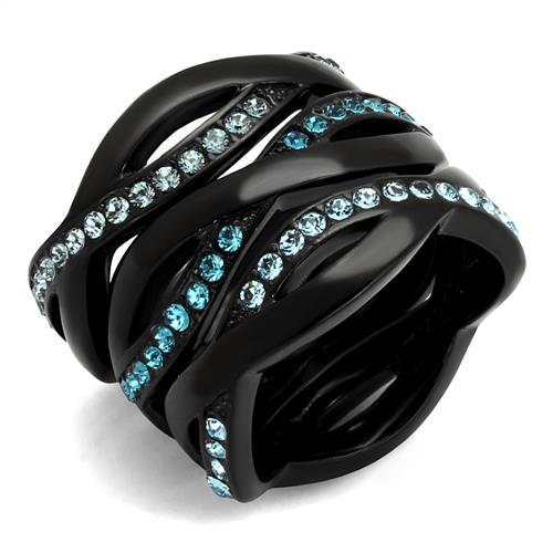 JCE2492 IP Black(Ion Plating) Stainless Steel Ring with Top Grade Crystal  in Sea Blue