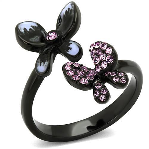 JCE2554 IP Black(Ion Plating) Stainless Steel Ring with Top Grade Crystal  in Light Amethyst