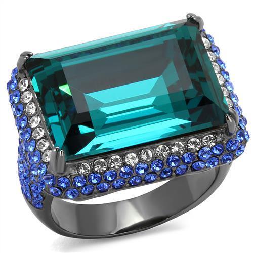 JCE2811 IP Light Black  (IP Gun) Stainless Steel Ring with Top Grade Crystal  in Blue Zircon