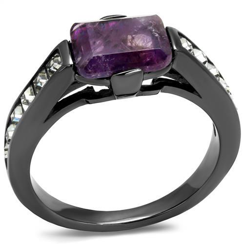 JCE2832 IP Light Black  (IP Gun) Stainless Steel Ring with Precious Stone Amethyst Crystal in Amethyst