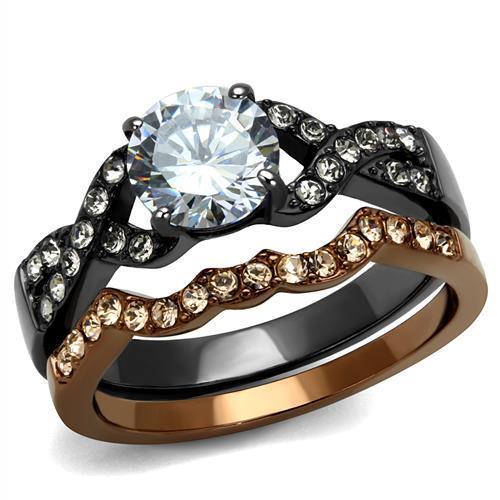 JCE2958 IP Light Black & IP Light coffee Stainless Steel Ring with AAA Grade CZ  in Clear