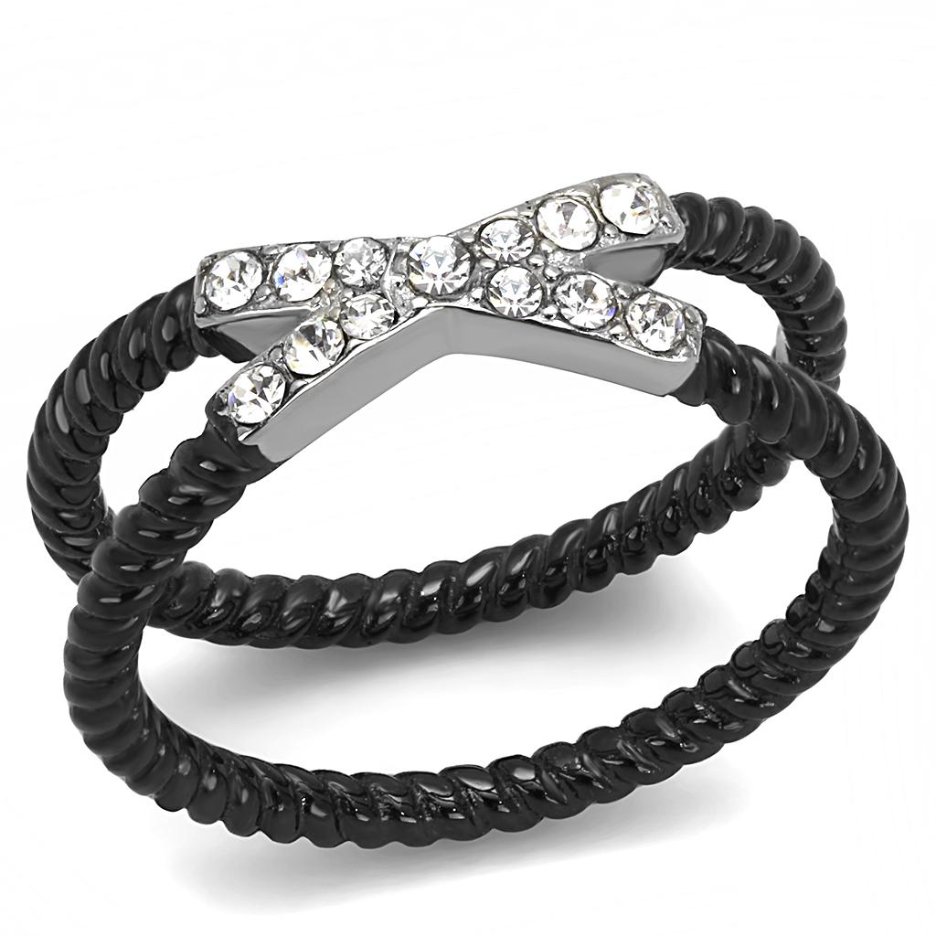 JCE3053 Two-Tone IP Black (Ion Plating) Stainless Steel Ring with Top Grade Crystal  in Clear
