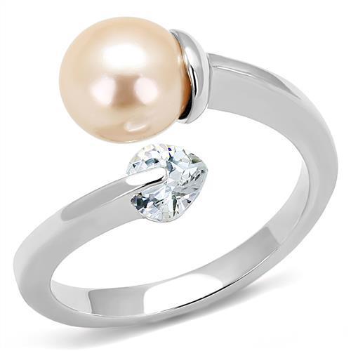 JCE3139 High polished (no plating) Stainless Steel Ring with Synthetic Pearl in Light Peach
