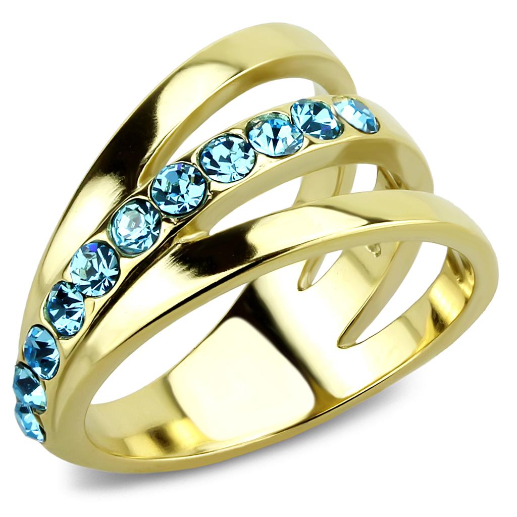 JCE3441 IP Gold(Ion Plating) Stainless Steel Ring with Top Grade Crystal  in Sea Blue