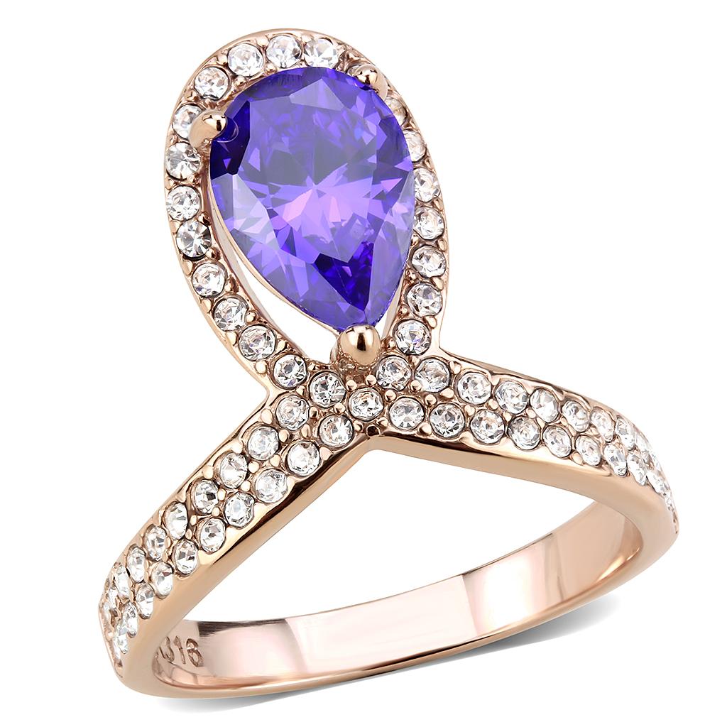 JCE3589 IP Rose Gold(Ion Plating) Stainless Steel Ring with AAA Grade CZ  in Tanzanite