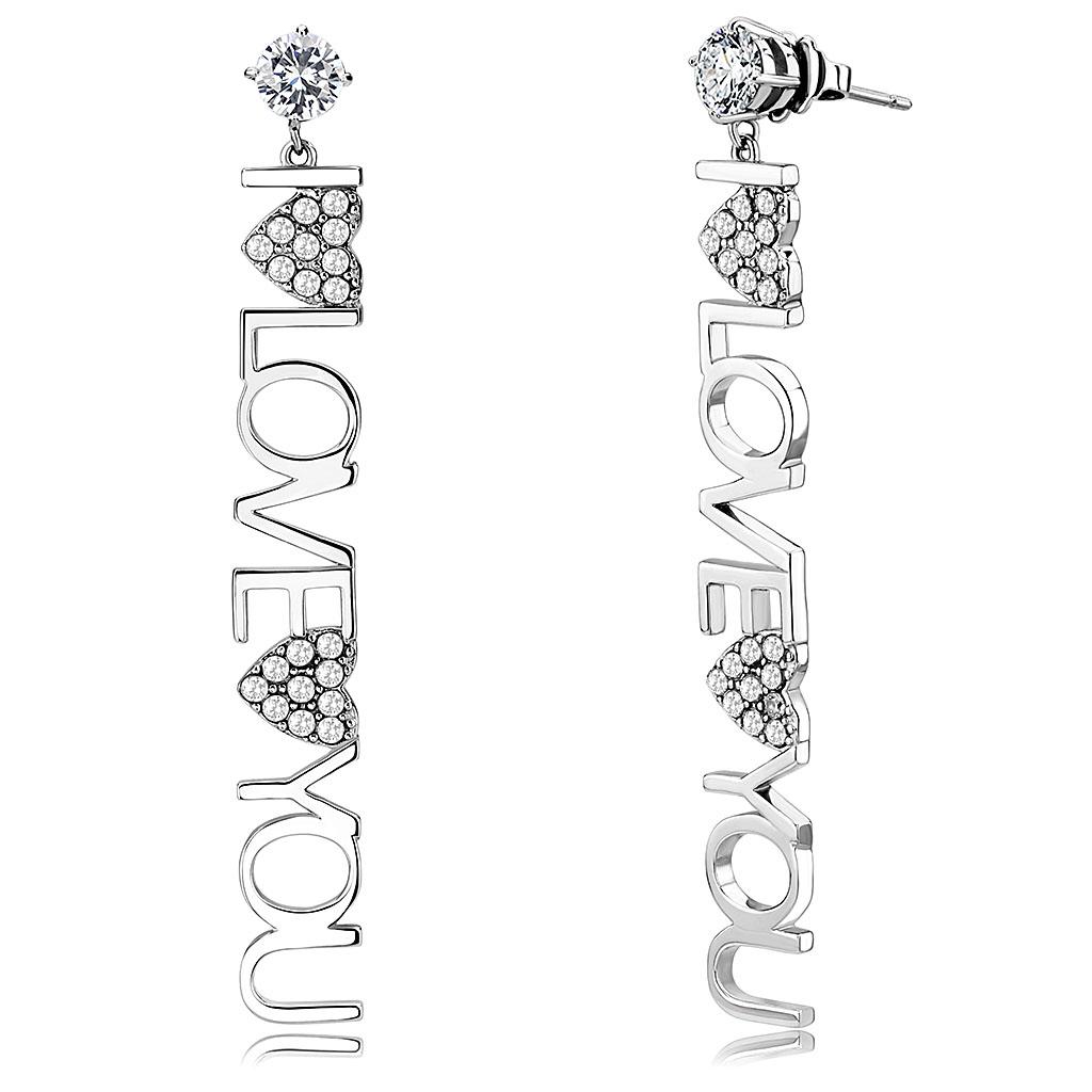 JCE3665 High polished (no plating) Stainless Steel Earrings with AAA Grade CZ  in Clear