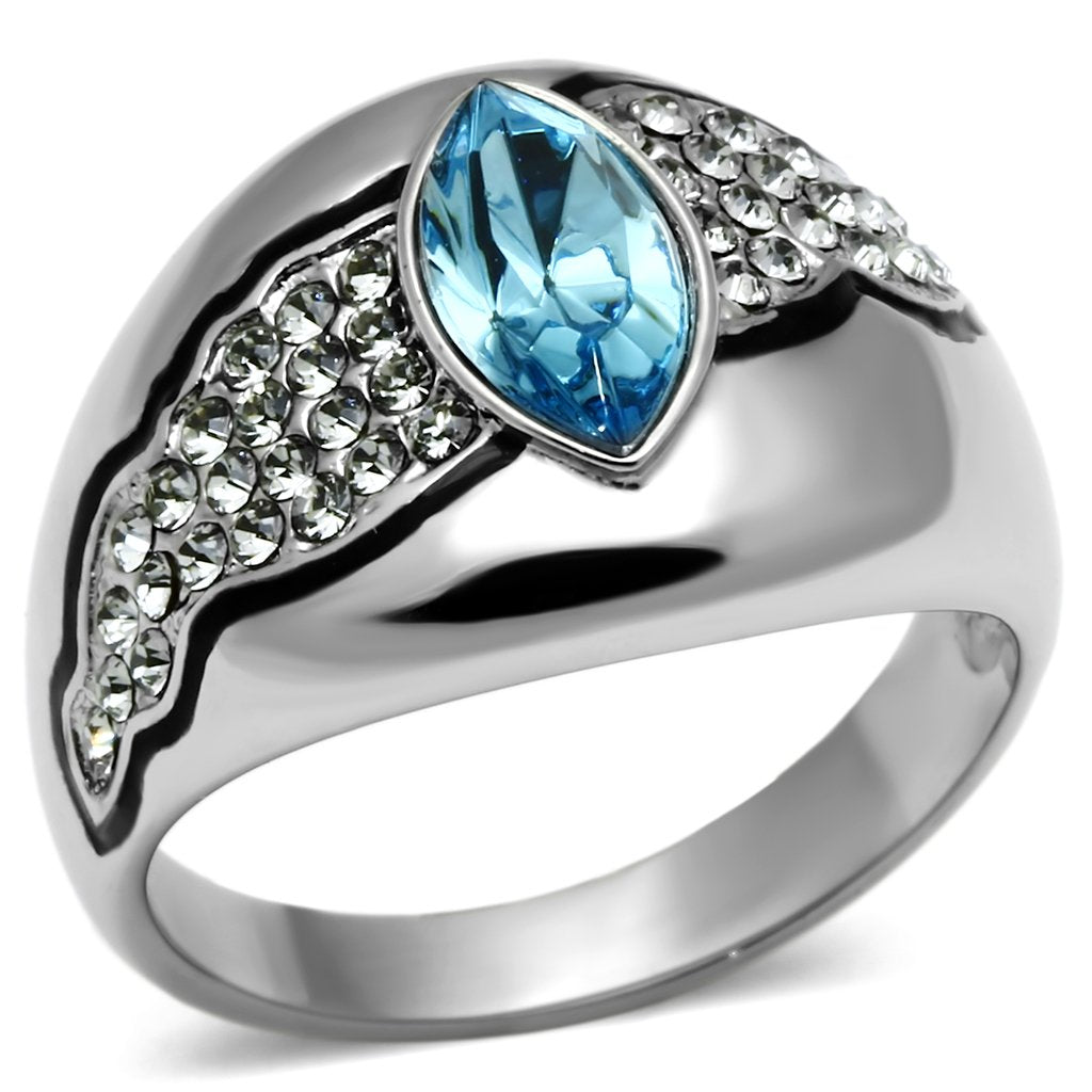 JCE659 High polished (no plating) Stainless Steel Ring with Top Grade Crystal  in Sea Blue