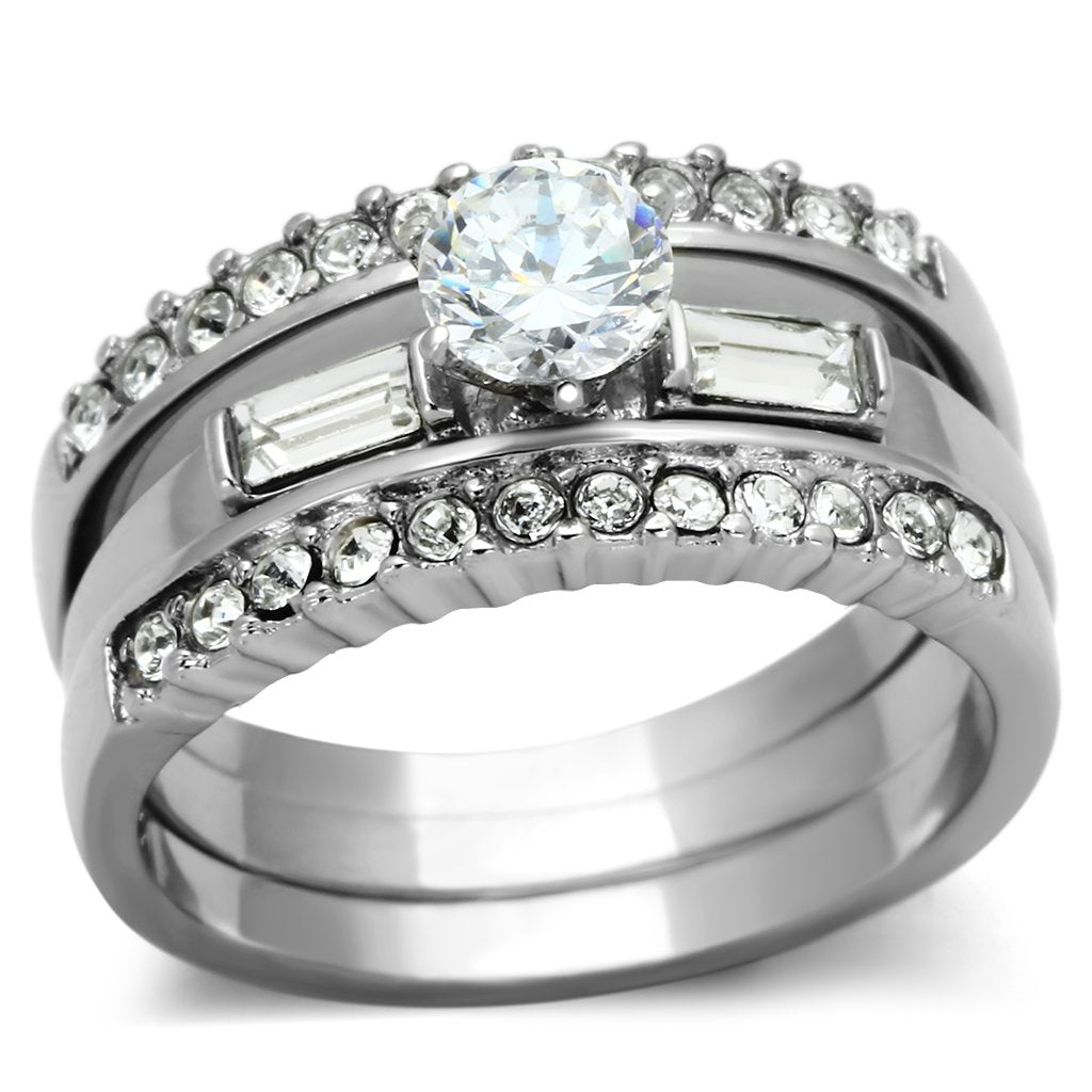 JCE973 High polished (no plating) Stainless Steel Ring with AAA Grade CZ  in Clear