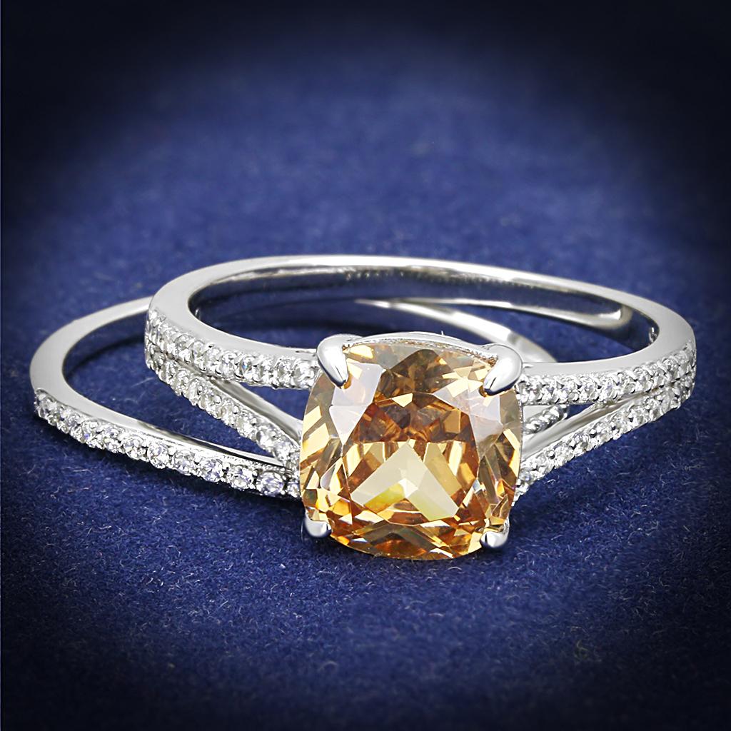 JCE604 Rhodium 925 Sterling Silver Ring with AAA Grade CZ  in Champagne